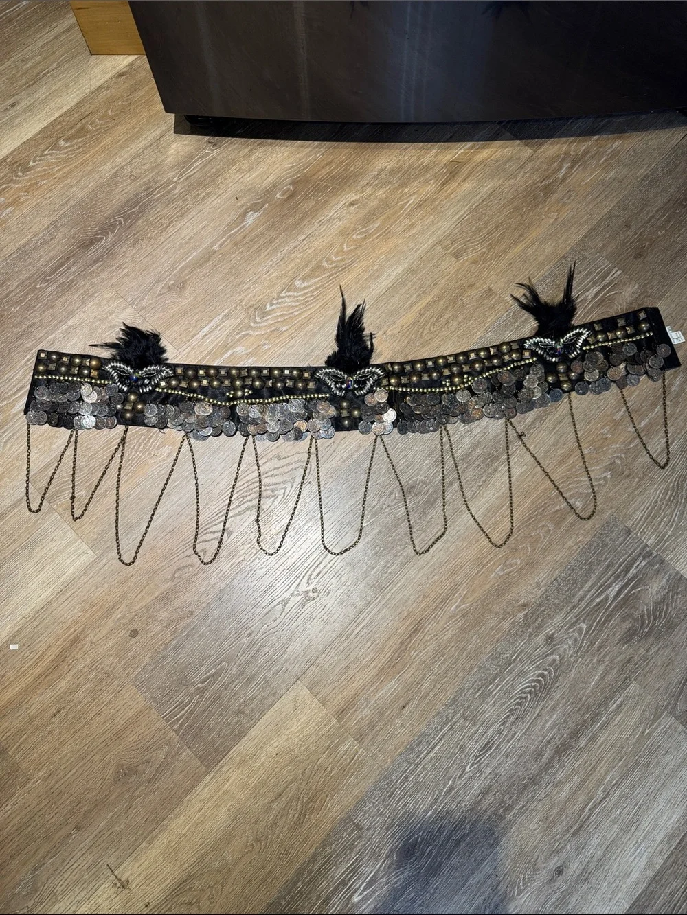 Black Beaded Coin Fringe Belly Belt with Feather Accents